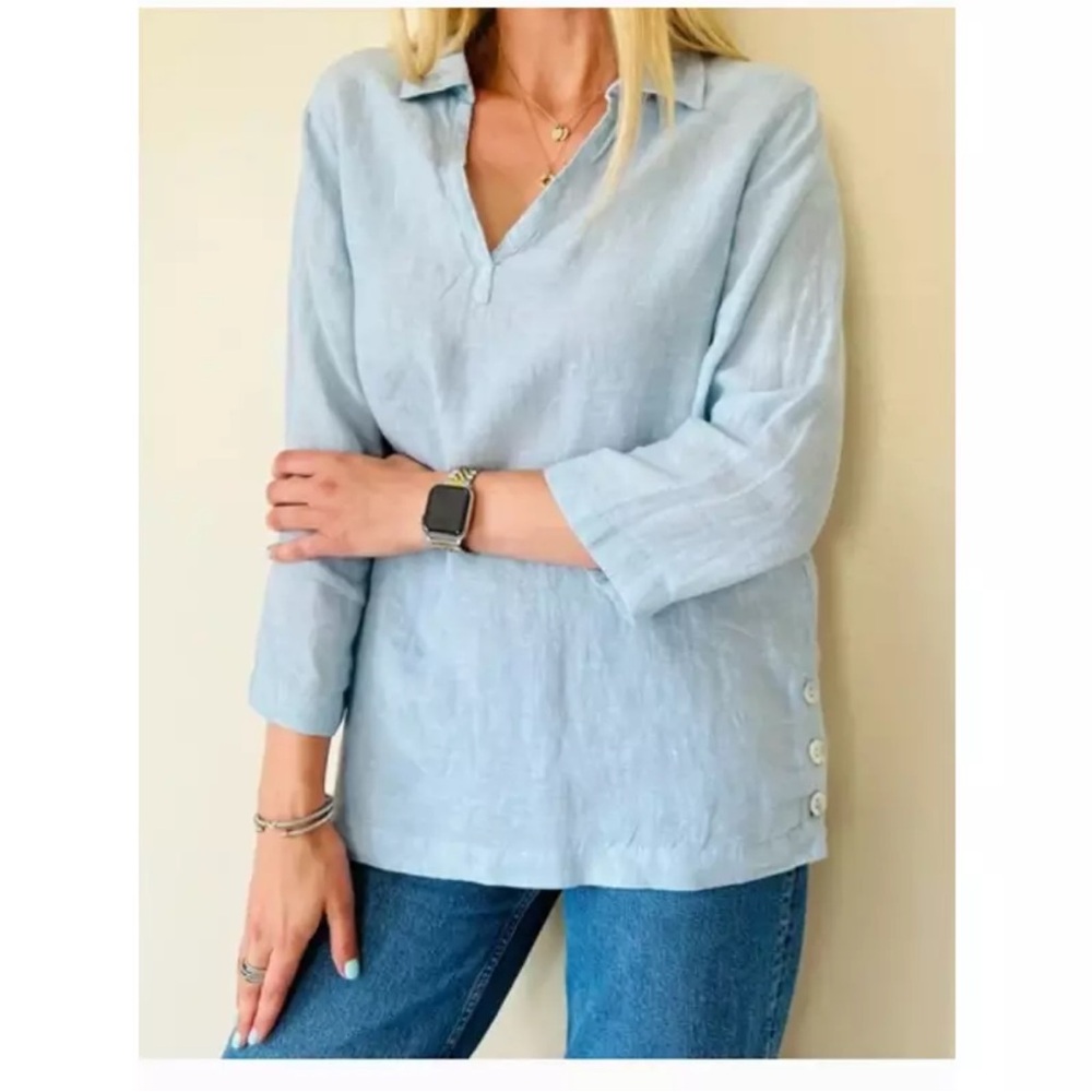 Tahari Collared V-neck Linen Tunic Set Of 2 Dusty Pink & Light blue - Picture 12 of 13